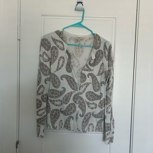 LOFT Cream Paisley V-Neck Sweater